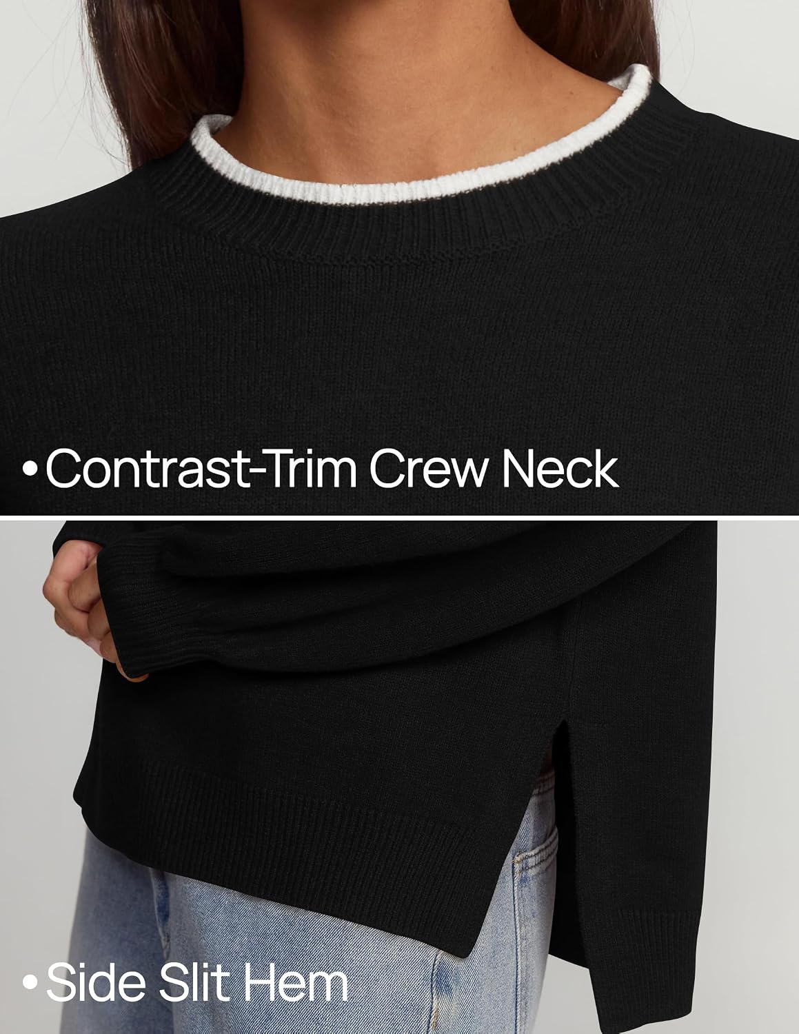 Detalle de ZESICA Oversized Women's Sweater, Crewneck with Contrast Trim and Batwing Sleeves