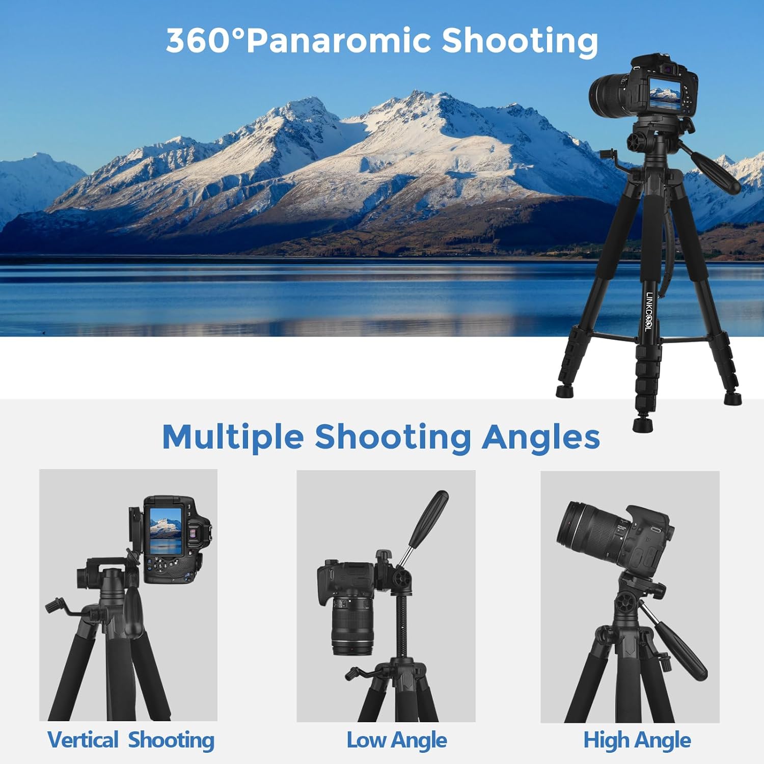 Detalle de LINKCOOL 74 Inch Tall Aluminum Camera Tripod Stand with Detachable Head and Phone Mount – Titanium Grey