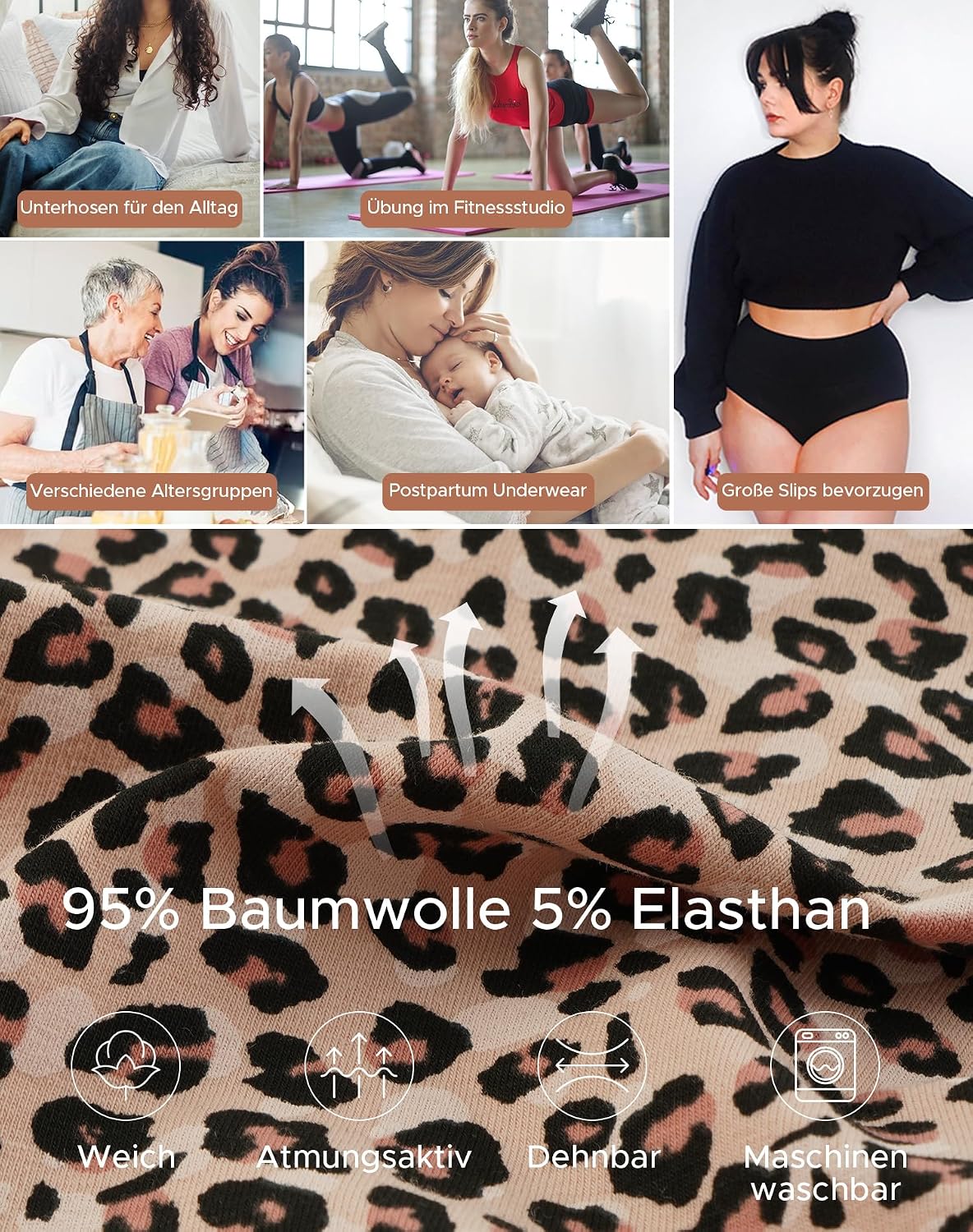 Detalle de INNERSY Damen-Slips mit hoher Taille aus Baumwolle/Stretch – 5er Pack
