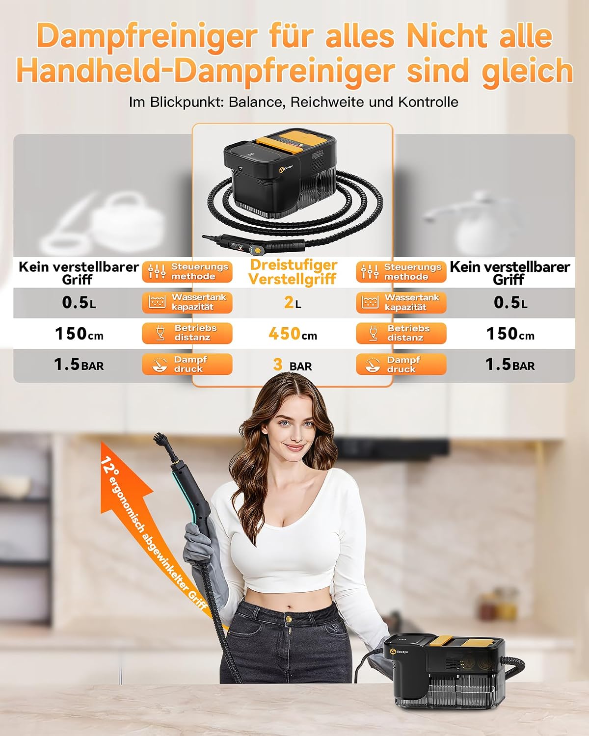 Detalle 2 de Gautye Dampfreiniger 3-stufig verstellbarer Griff – 2 L Wassertank, 18 Zubehörteile, 1600 W