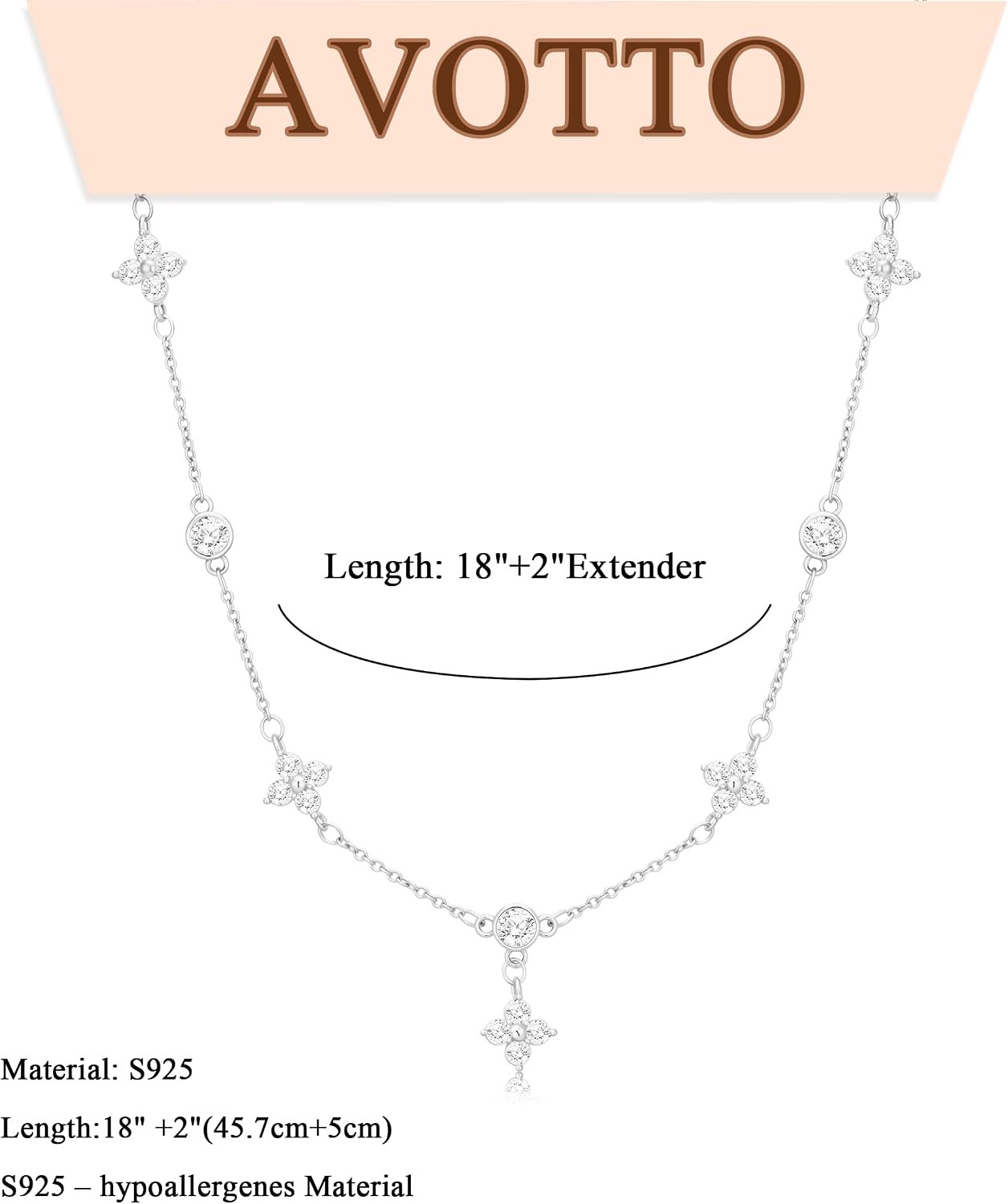 Detalle 2 de Avotto S925 Silver Necklace for Women – Hypoallergenic 18in Choker with 2in Extender