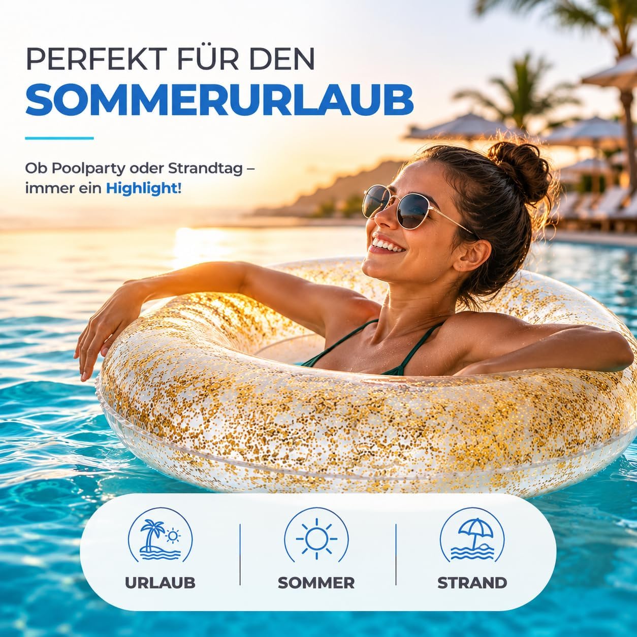 Detalle de Aufblasbarer Schwimmring – Glitzer-Luftmatratze für Pool, Strand und See