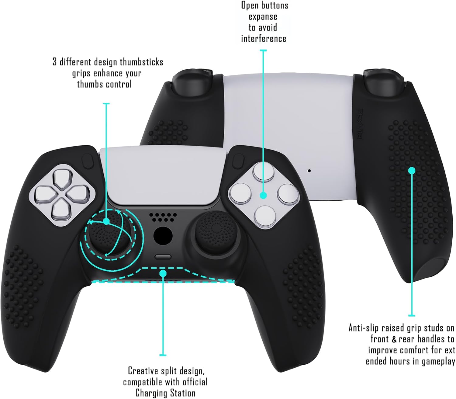 Thumbnail 4 de PlayVital 3D Studded Edition Black Ergonomic Soft Silicone Case Grips for PS5 Controller