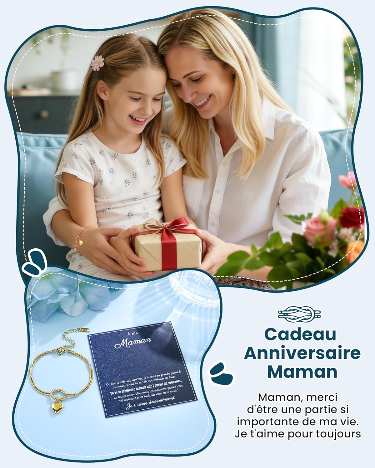 Detalle de VU100 Cadeau Femme – Bracelet Pièce Stone Inox Plaqué Or, Coeur et Infini, Longueur Réglable