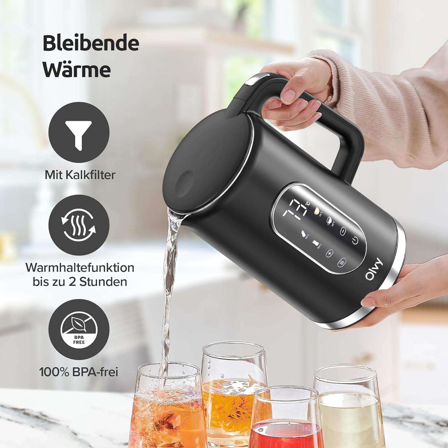 Detalle 2 de Olvy Elektrischer Wasserkocher 1,7 l mit Temperaturregelung, Warmhaltefunktion und Doppelwand-Edelstahl (schwarz)
