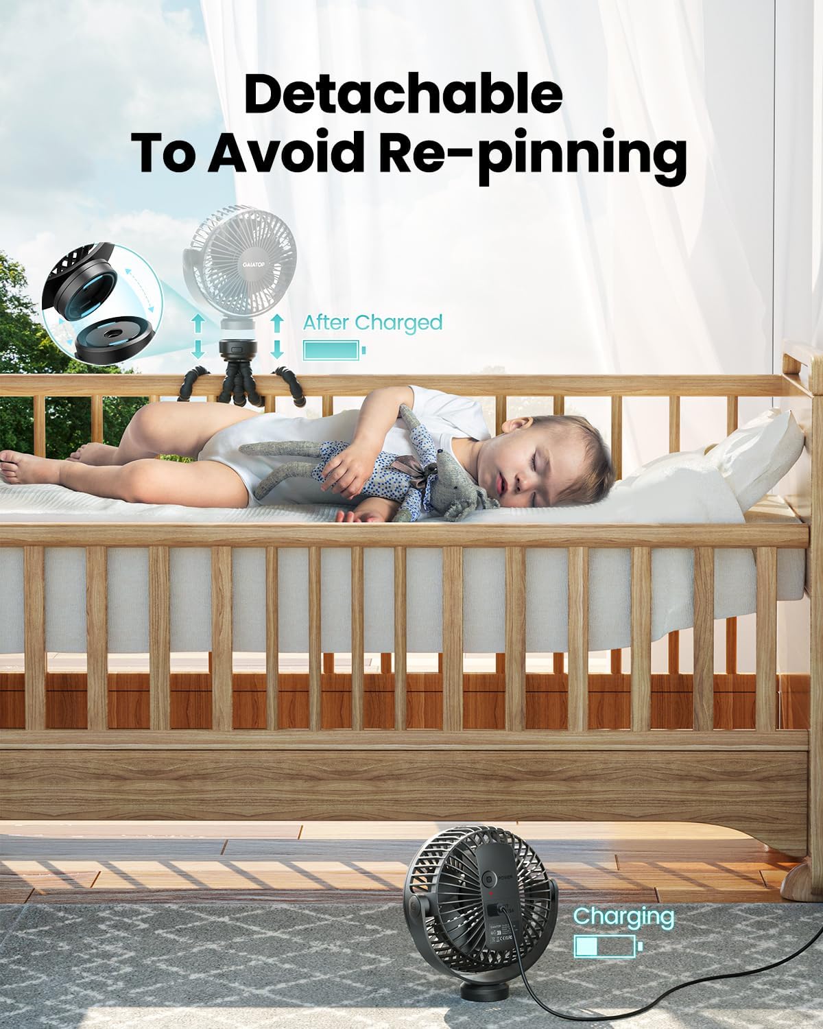 Thumbnail 3 de gaiatop Mini Portable Pram Fan Rechargeable 3-speed fan 🌬