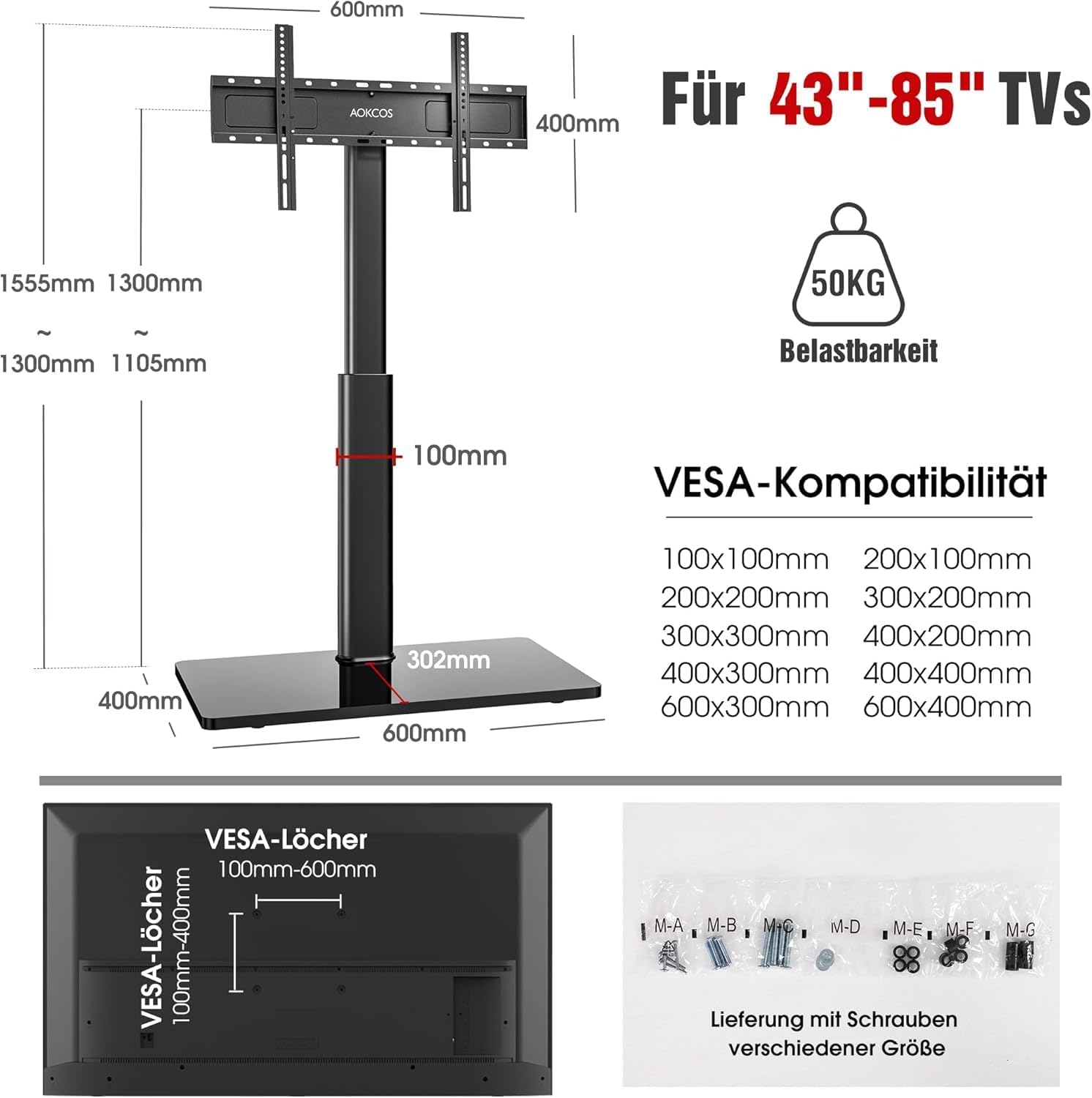 Detalle de AOKCOS TV Ständer Bodenständer – Höhenverstellbar 1,6 m, Neig- und Schwenkbar, VESA 600x400, max 50 kg