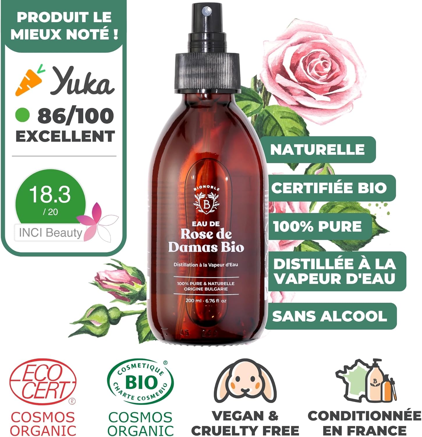 Thumbnail 1 de BIONOBLE Eau de Rose Bio (200 ml) – hydrolat sans alcool pour visage, cheveux et contour des yeux