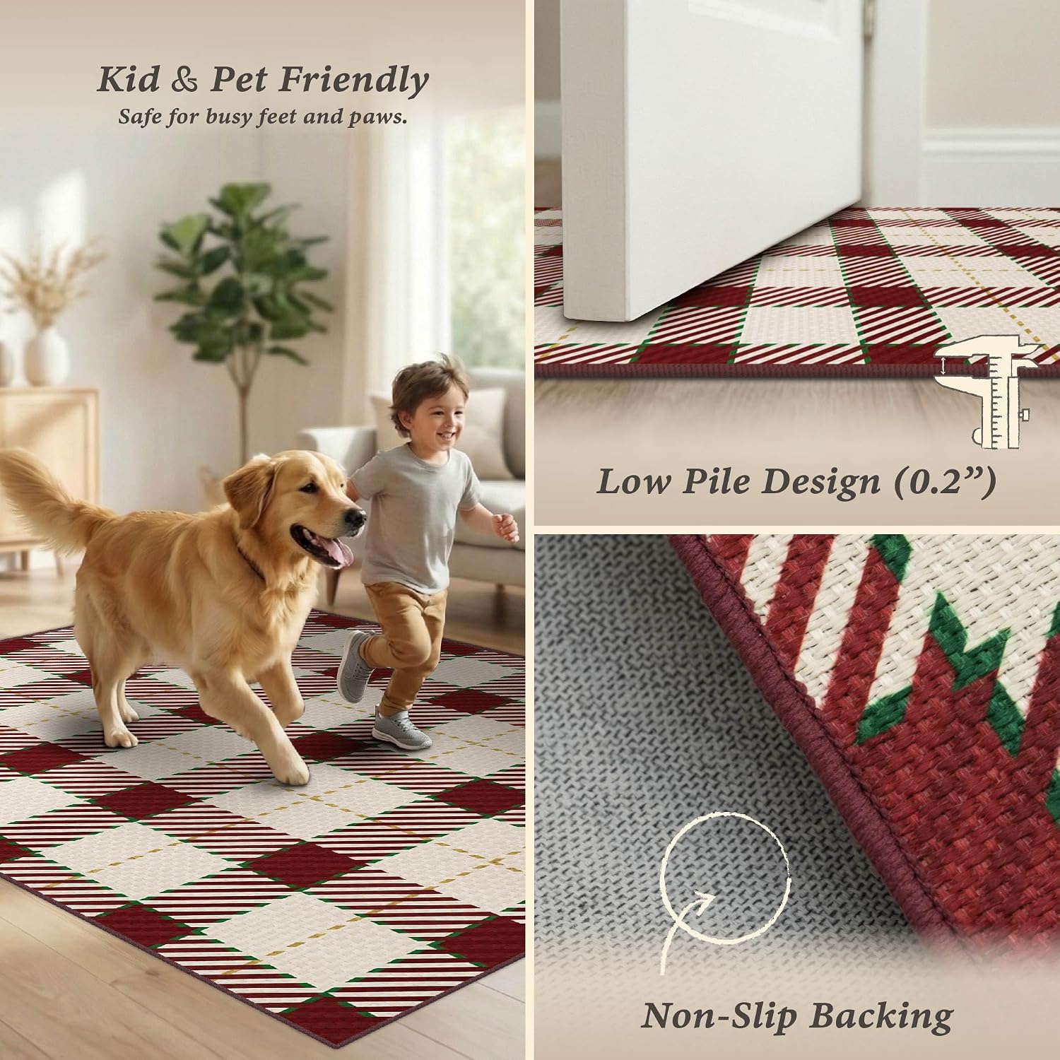 Detalle de JTJ RUG-101-WHITERED 2' x 6' Christmas Runner Rug, Washable Plaid