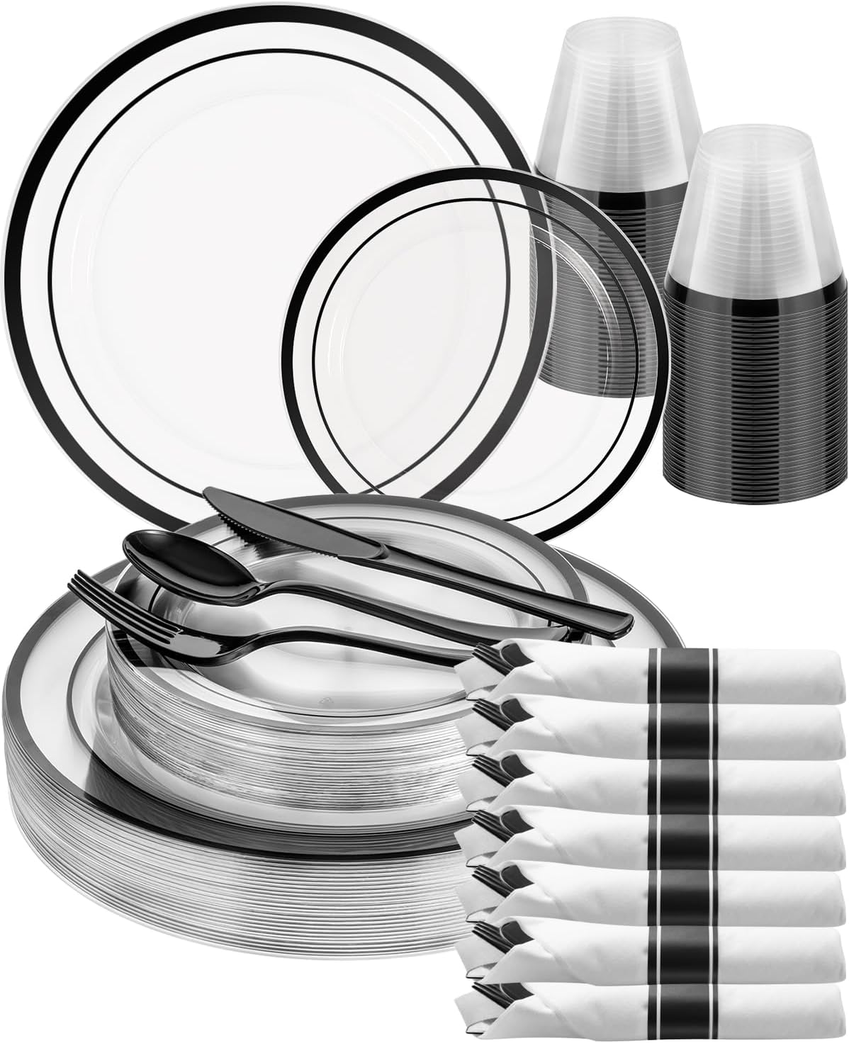 Detalle de Goodluck 175-Piece Disposable Clear and Black Party Dinnerware Set: 50 Plates, 25 Cups, 25 Napkin Bundles