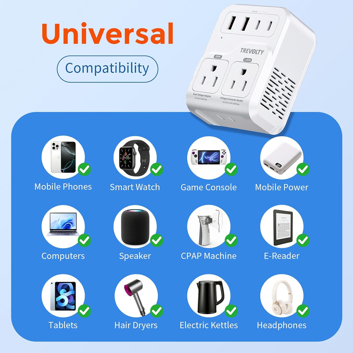 Detalle 2 de TREVOLTY 2000W Voltage Converter (US to Europe) — 7-in-1 220V to 110V Travel Adapter with PD20W USB-C/USB Ports