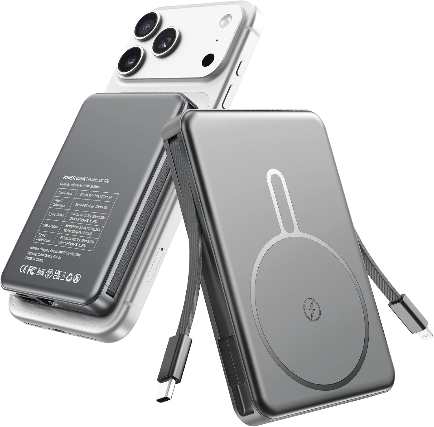 Detalle de RONEGN MC100 Magnetic Power Bank, 10,000mAh, 15W Wireless, Built-In Cables