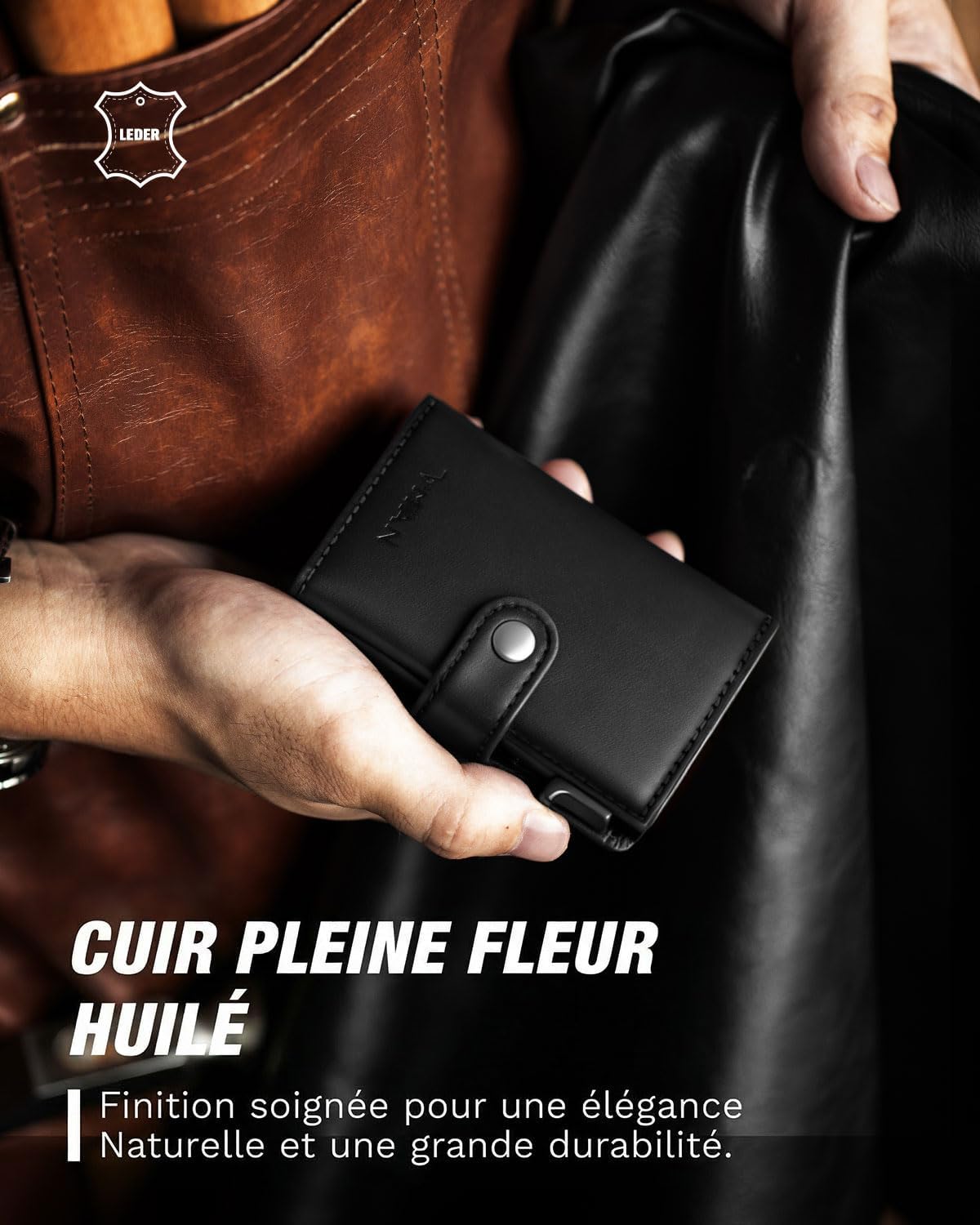 Thumbnail 5 de VMAN Portefeuille Homme Slim, cuir pleine fleur, RFID – Noir