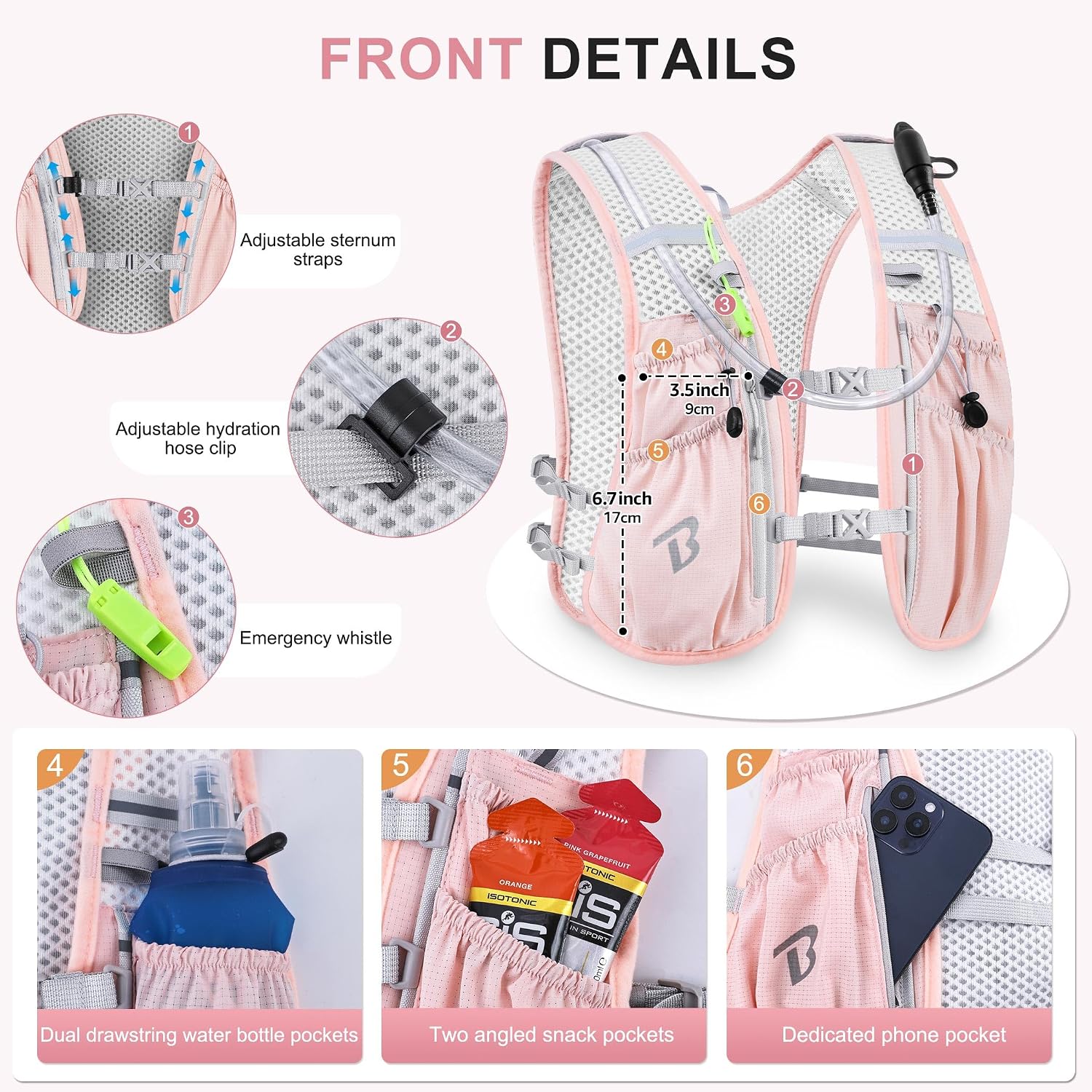 Detalle de BECOJADDE Running Vest for Women & Men — 5L/6L Lightweight Hydration Backpack for Marathon, Trail, Cycling, and More