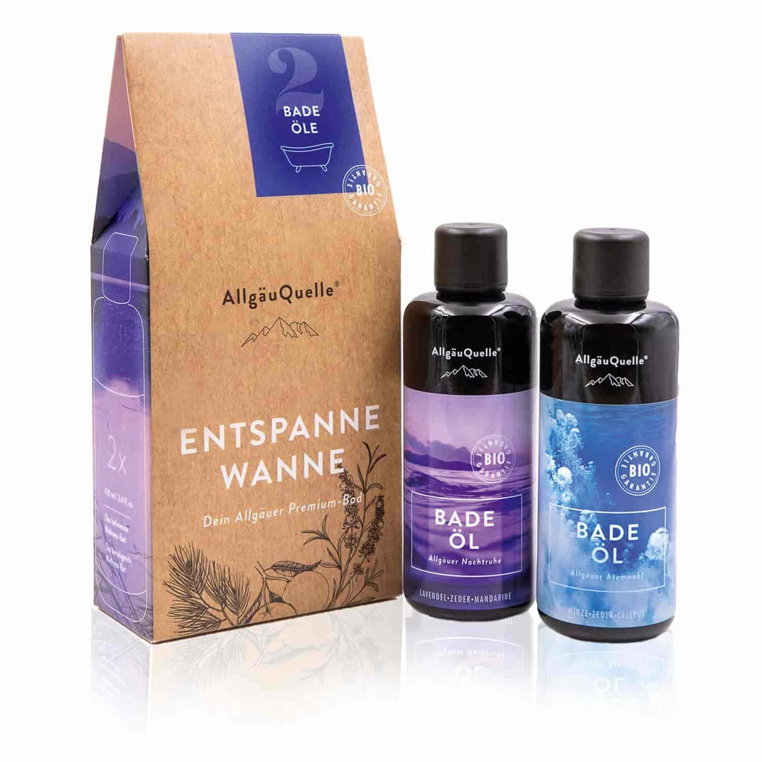AllgäuQuelle® Bio Badeöl-Set mit ätherischen Ölen (2x100 ml) für Allgäuer Atemwohl & Allgäuer Nachtruhe