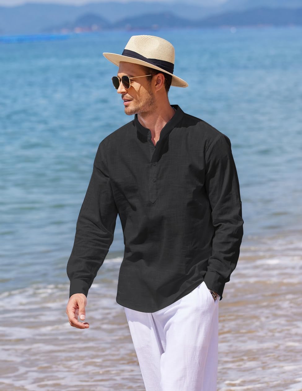 Detalle de COOFANDY Men's Cotton Linen Henley T-Shirt Long Sleeve – Lightweight, Breathable Beach-Ready Henley