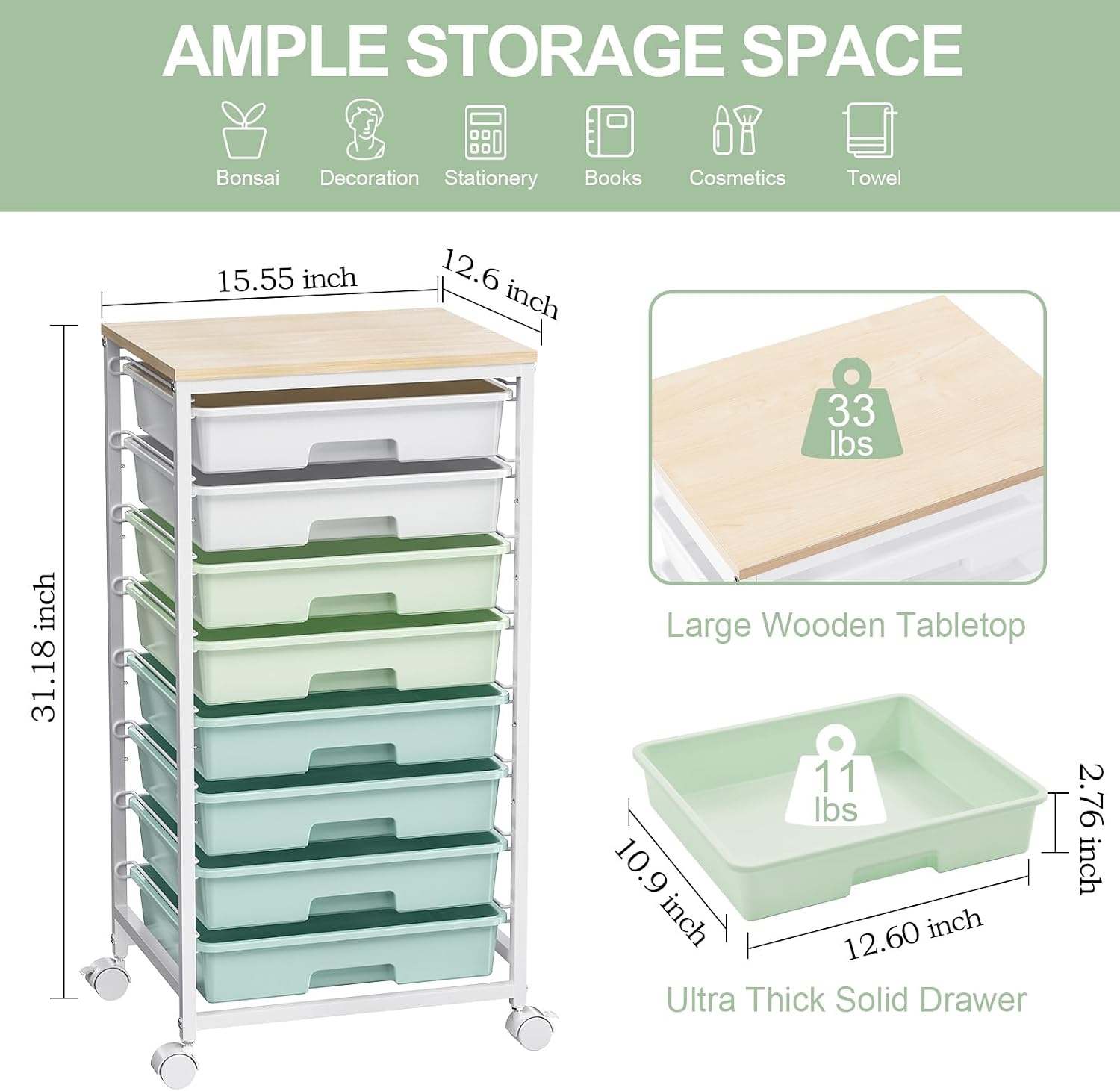 Detalle 2 de SYKIARIOL 1250-4 Rolling Storage Cart, 8 Drawers, Green, Wooden Top