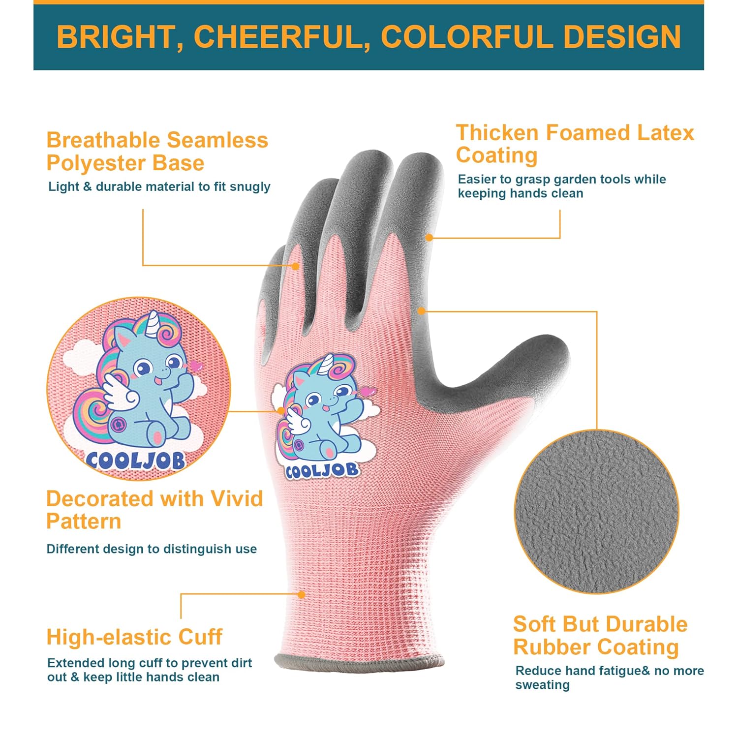 Detalle de COOLJOB Childrens Garden Gloves (3 Pairs) for Ages 4–6, Non-slip Latex Coating, Elastic Cuffs (S)