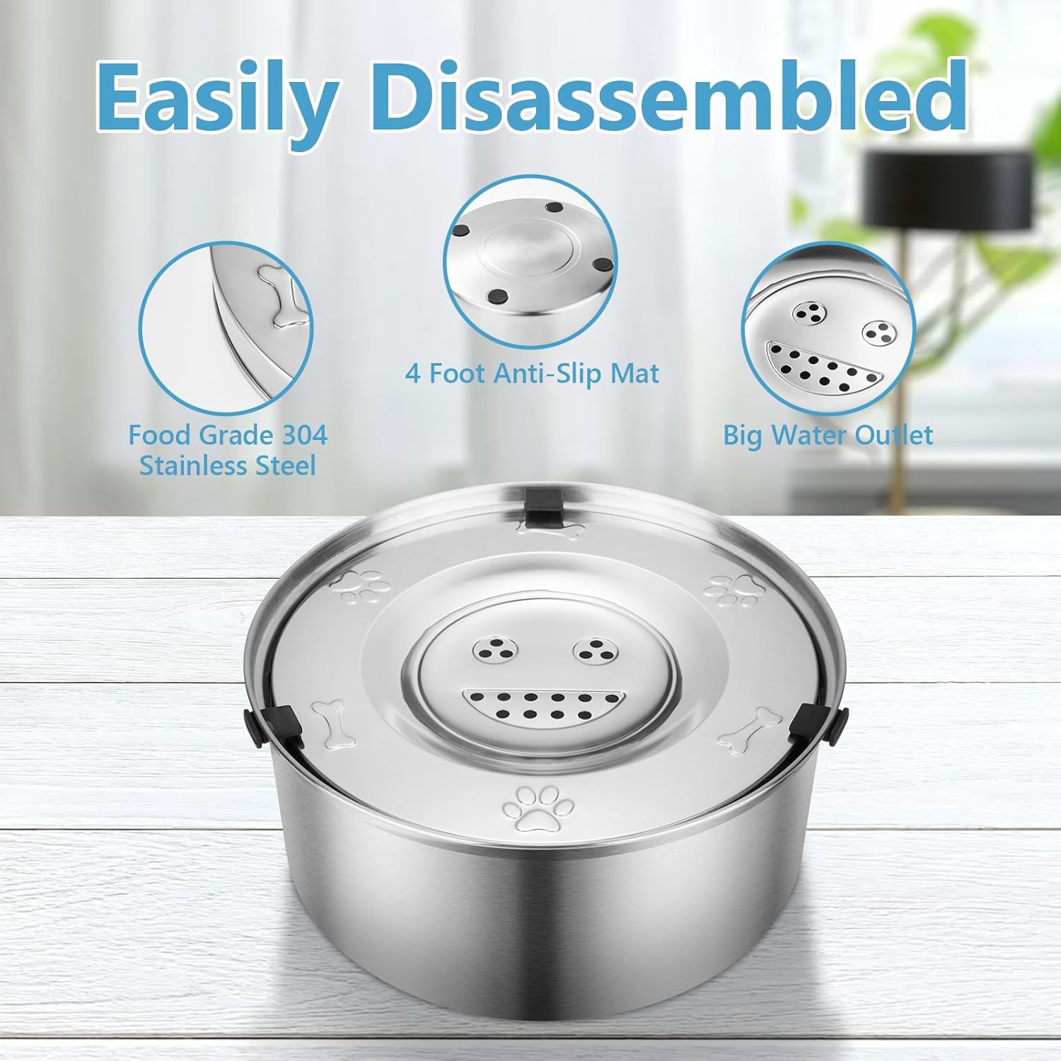 Detalle de ELISABE No Spill Dog Water Bowl 3L+1L — 2 Pack Stainless Steel, Slow-Flow, Non-Drip Water Bowls
