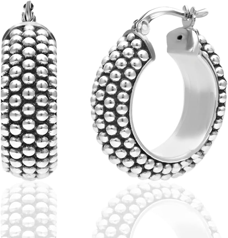 Detalle de LeCalla 925 Sterling Silber Bali-Stil Hoop Ohrringe – 20 mm, Click-Top, Antik Zwei-Ton