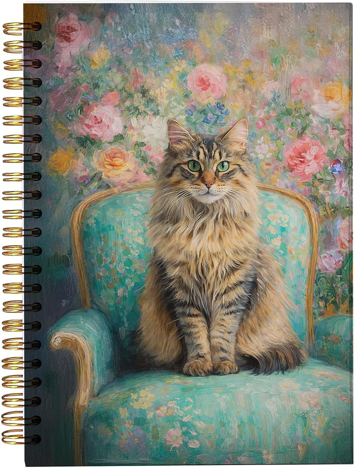 bitCNY 708 Spiral Notebook, 8.3 x 5.5 Inches, Lined Pages, Floral Cat Cover