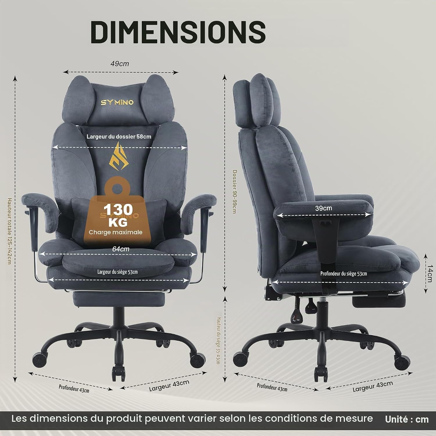 Detalle de Symino SFD-01-GREY gamingstoel met voetensteun, imitatiesuède en verstelbare hoogte