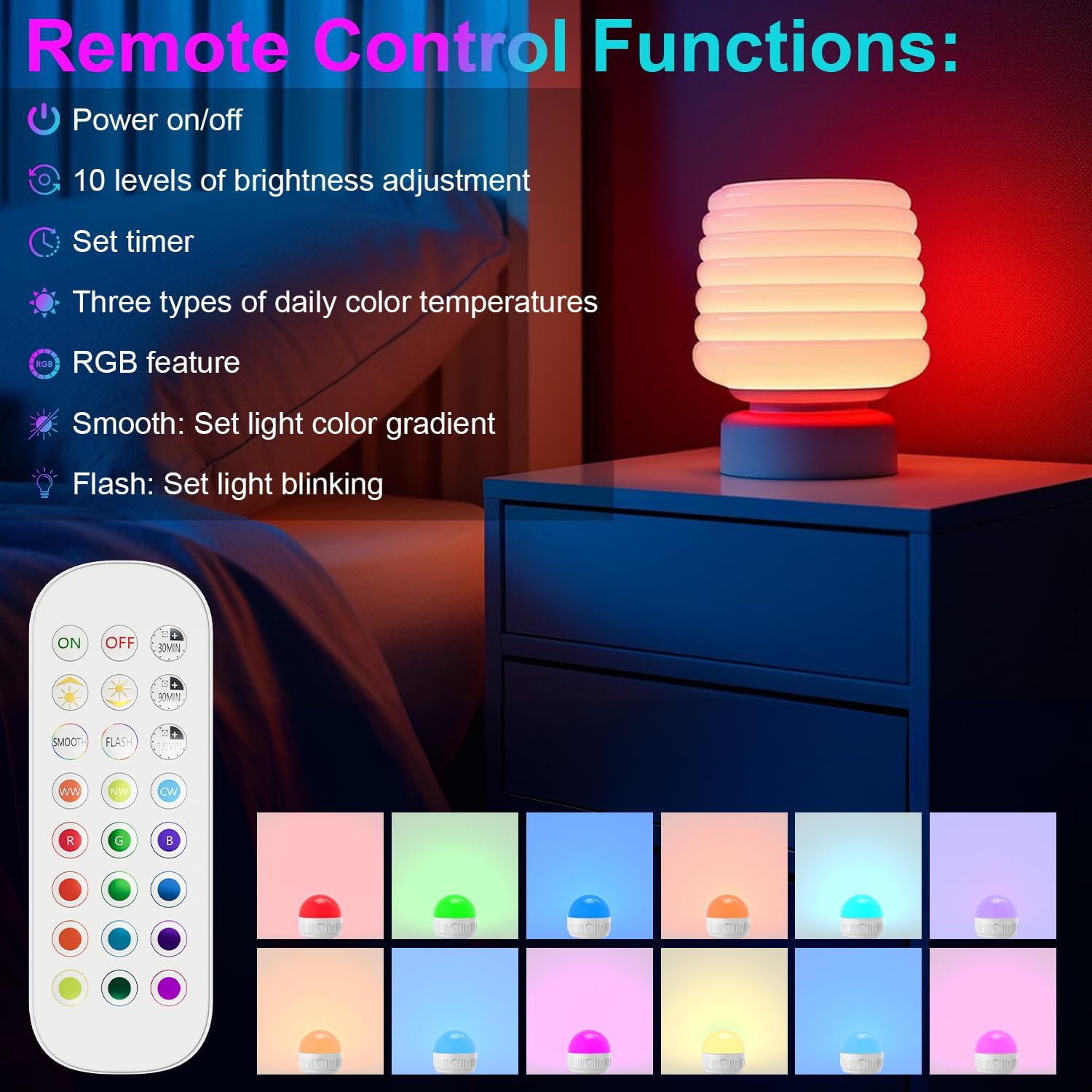 Detalle de LGMCF E14 wiederaufladbare Akku-Glühbirne mit Fernbedienung (2er-Set), 8 W, dimmbar, RGB & 3 Farben