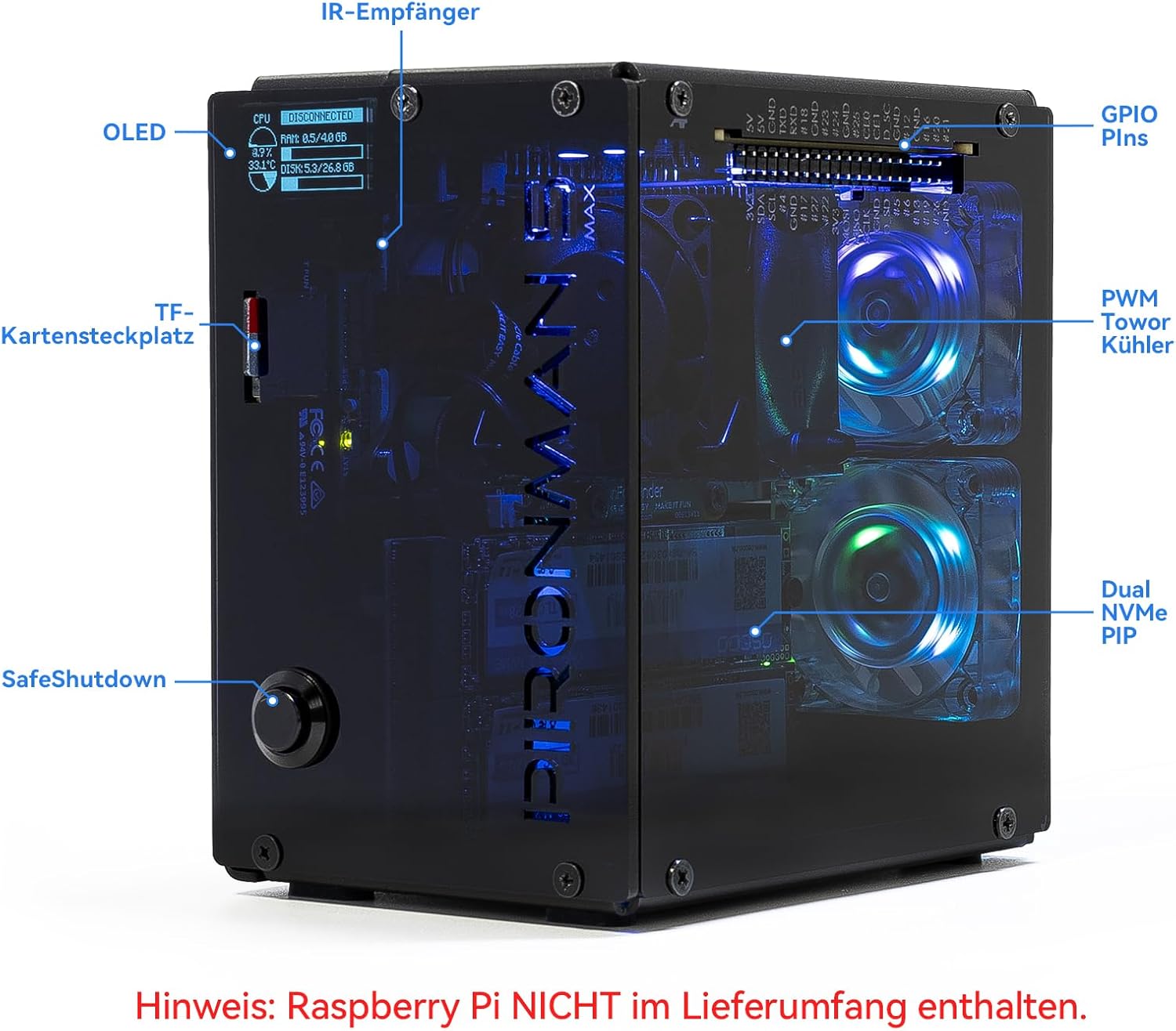 Thumbnail 1 de Pironman 5-MAX Gehäuse für Raspberry Pi 5 mit Dual-NVMe, NAS RAID 0/1, Hailo-8L AI & OLED