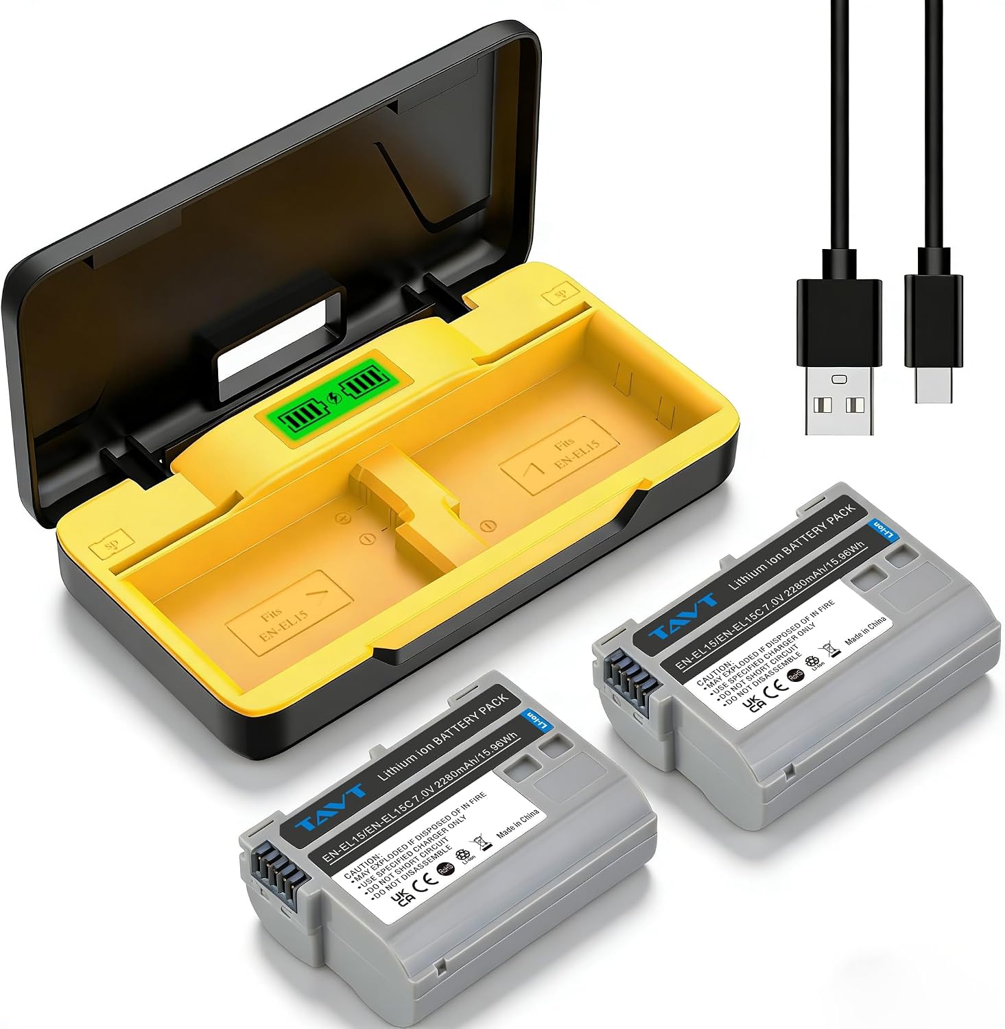 Detalle de TAVT EN-EL15 batterijset met 2 accu’s en USB-C-duolader voor Nikon