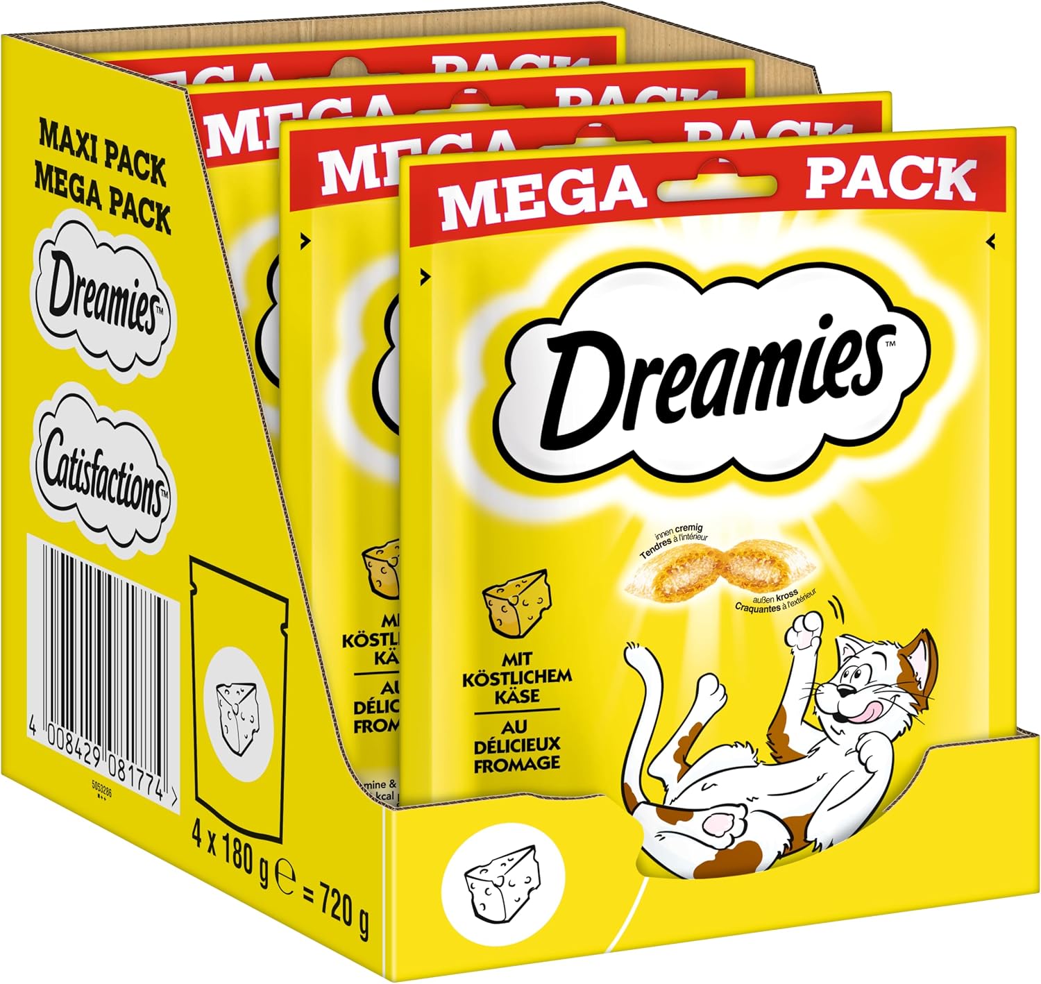 Detalle de DREAMIES Katzensnacks Käse – 2x350 g Mega Box, knusprig außen, cremige Füllung