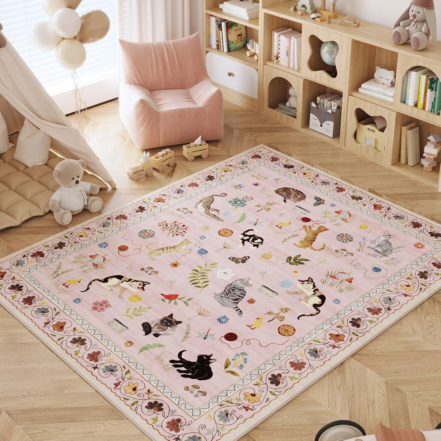 Thumbnail 4 de Rugcomf Boho Floral Animal Living Room Rug, 5x7 Machine Washable Low Pile (Pink)