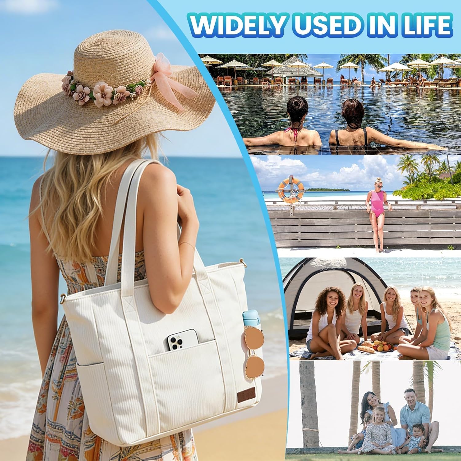 Thumbnail 6 de Virape Strandtasche XXL Familie mit Reißverschluss – Wasserdichter Innenraum, Kordelstoff, 42×39×18 cm