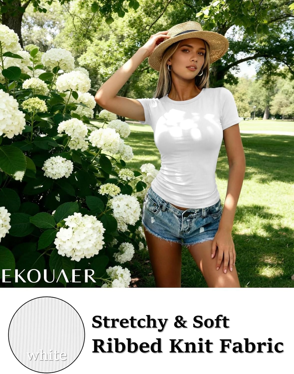 Detalle de Ekouaer T-Shirt Semplici Donna – confezione da 3 pezzi, maglia a coste aderente