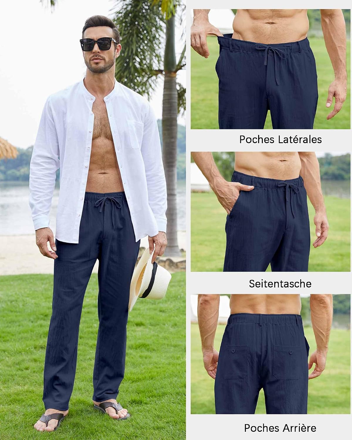 Detalle 2 de NANAMEEI Pantalon lin homme été – pantalon de plage casual, élastique avec cordon