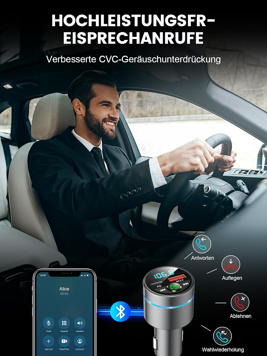 Detalle de Mohard Bluetooth Adapter Auto – Ganzmetall FM Transmitter mit PD 30W & QC3.0 18W Schnellladung, Bluetooth 5.3, Freisprechanlage, Ringlicht