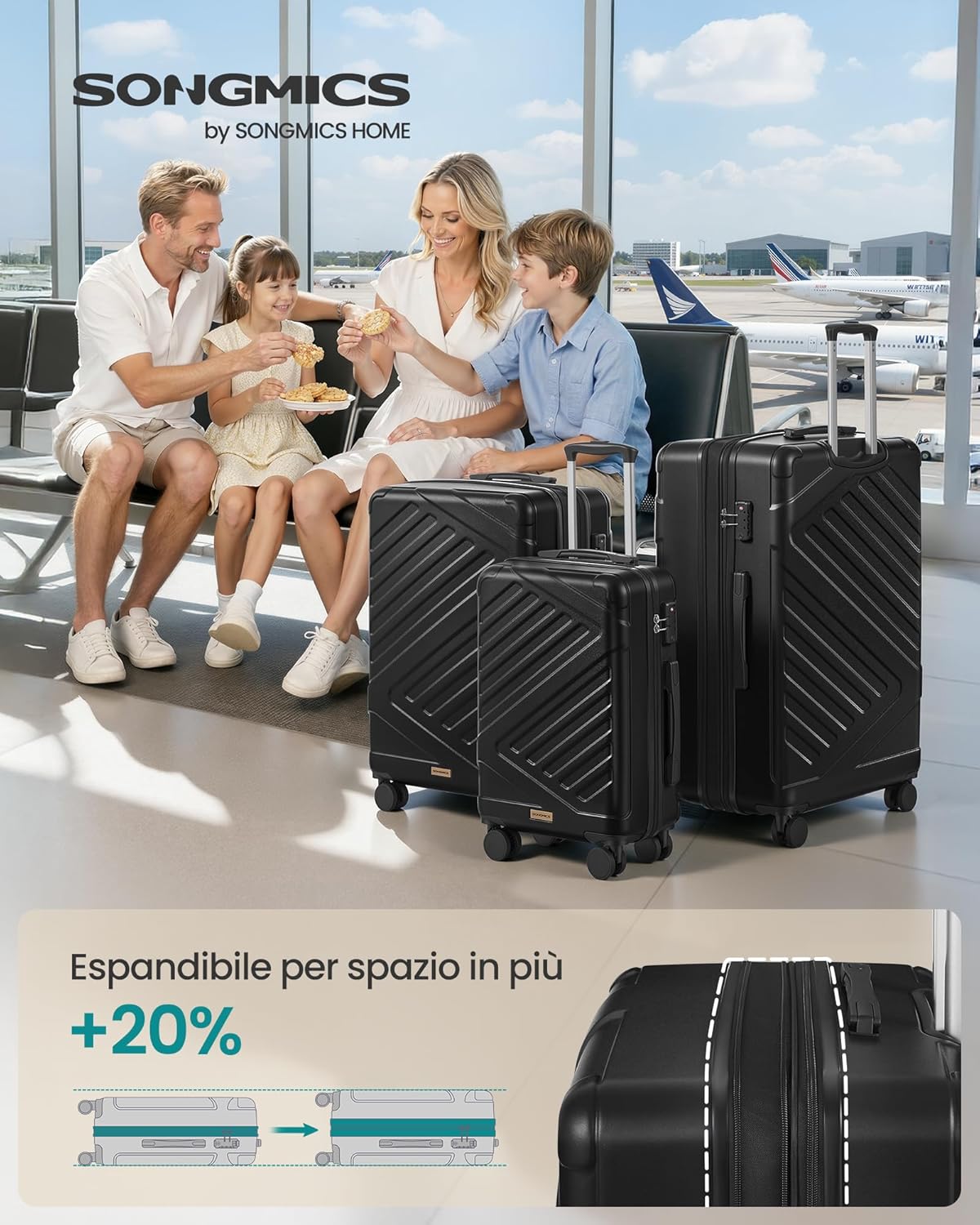 Detalle 2 de SONGMICS Set di valigie rigide ABS 3 pezzi con chiusura TSA, ruote doppie 360°, espandibili M/L/XL 55/65/75 cm