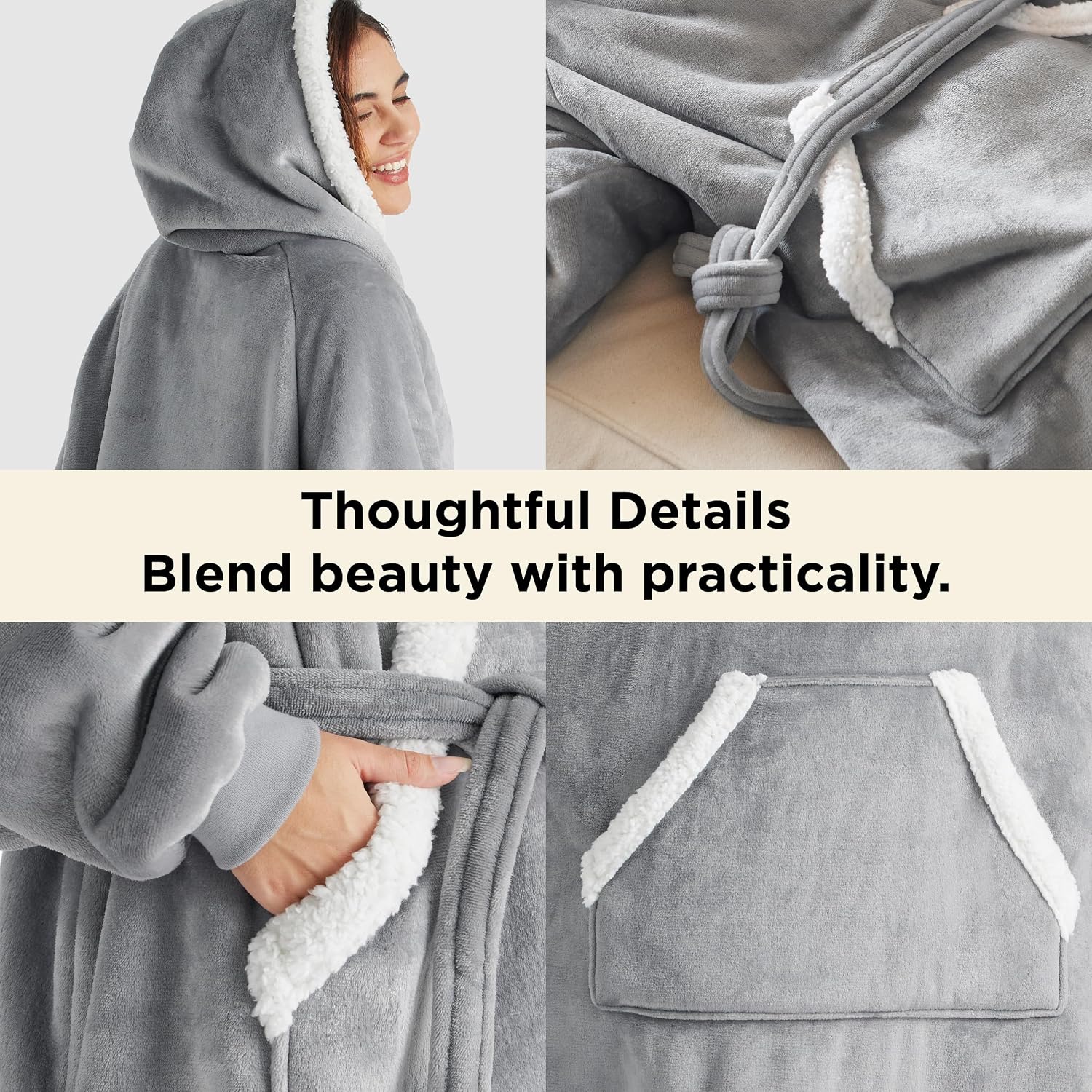 Detalle 1 de Bedsure Long Sherpa Wearable Blanket Hoodie, Gray Standard with Belt and Pockets