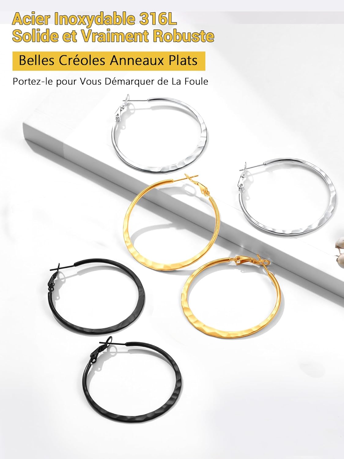 Thumbnail 5 de PROSTEEL Boucles d’oreilles créoles femme en acier inoxydable 316L (40 mm) – anneau plat, plaqué or jaune ou noir