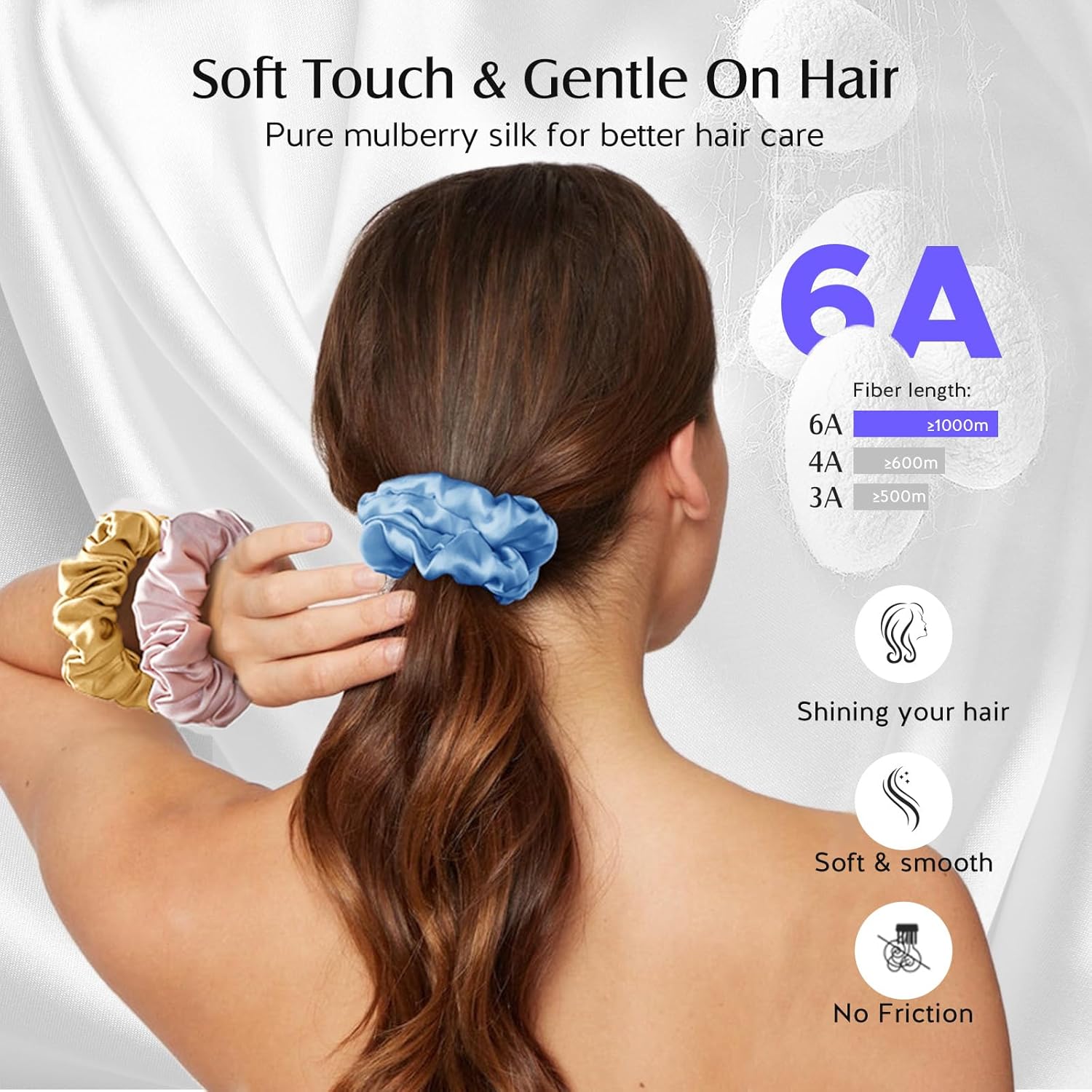 Detalle de Umisleep: Set di 3 scrunchies in seta 100% per capelli morbidi e senza pieghe