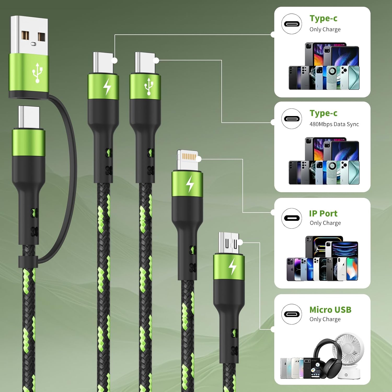 Detalle de Firsting Green Multi Charging Cable, 5 ft