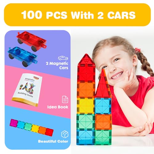 Thumbnail 1 de Gemmicc Baldosas Magnéticas 100 Piezas con 2 Coches | Juguete STEM Magnético para Niños
