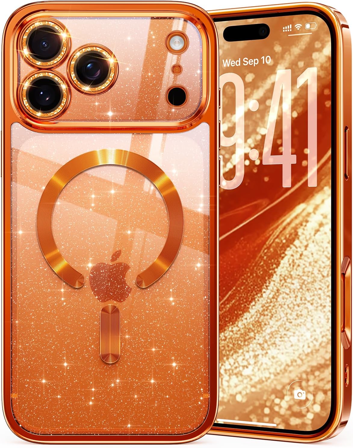 Detalle de Glitter for iPhone 17 Pro Max Case with Integrated Lens Protection, MagSafe-Compatible Sparkly Back Panel (Cosmic Orange)