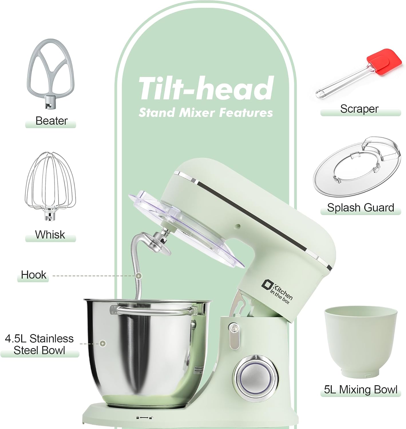 Detalle de Kitchen in the box stand mixer (4.5L + 5L) with 10 speeds, dough hook, whisk & beater, 1300W, two-bowl design – light green