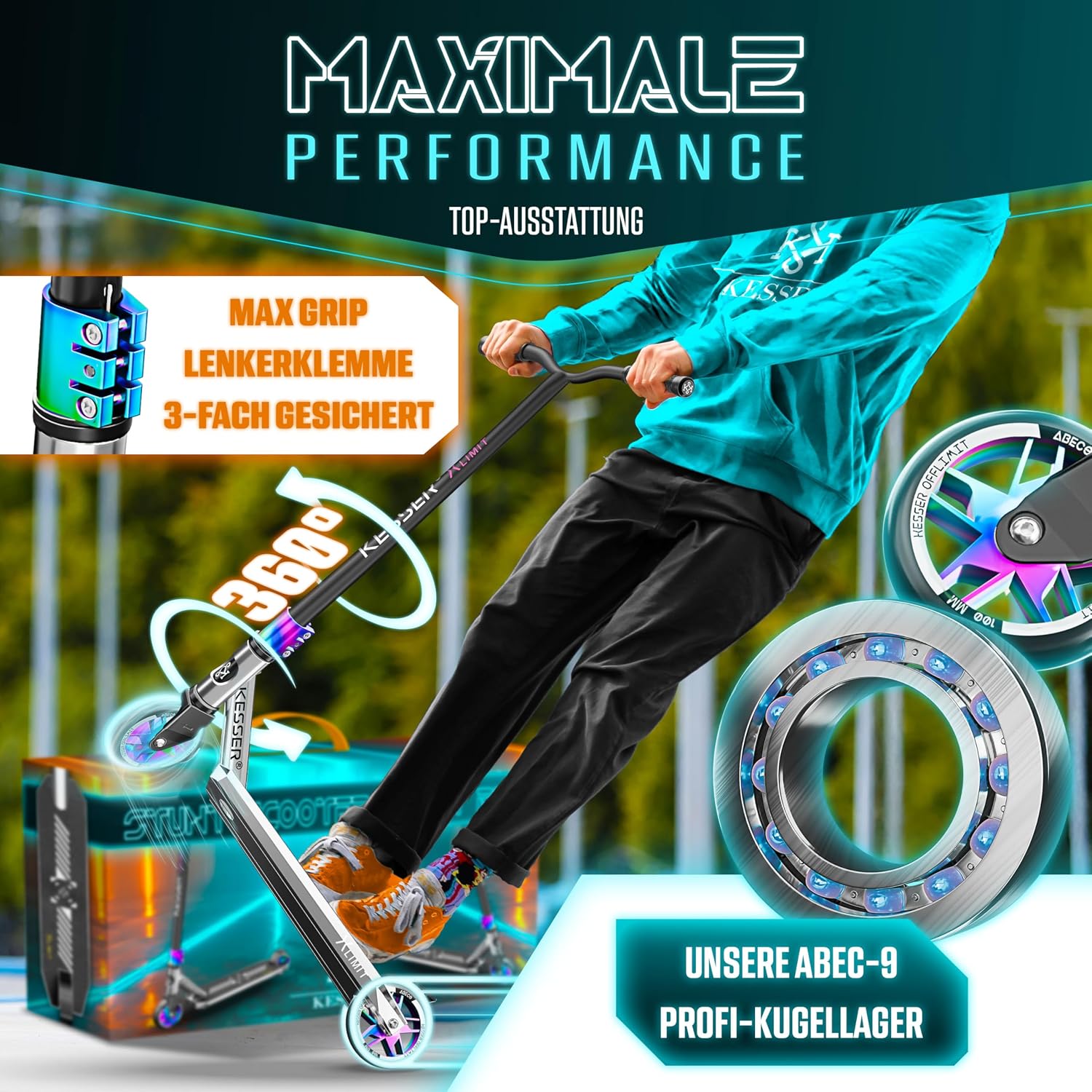 Thumbnail 6 de KESSER® Stunt Scooter X-Limit-Pro 360° Lenkung – ABEC 9, 110mm PU-Räder, Ständer