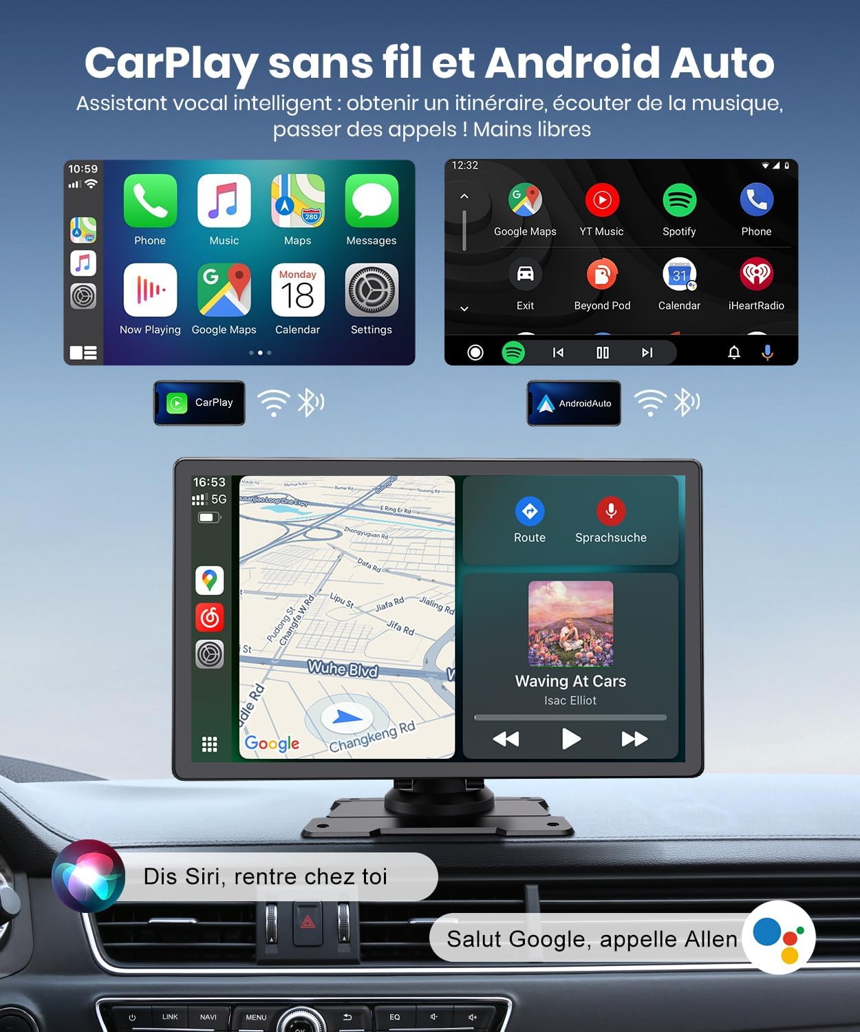 Thumbnail 1 de CarPlay Voiture 9" — Écran IPS HD lumineux, sans fil, navigation GPS et connexion rapide (Caméra de recul optionelle)