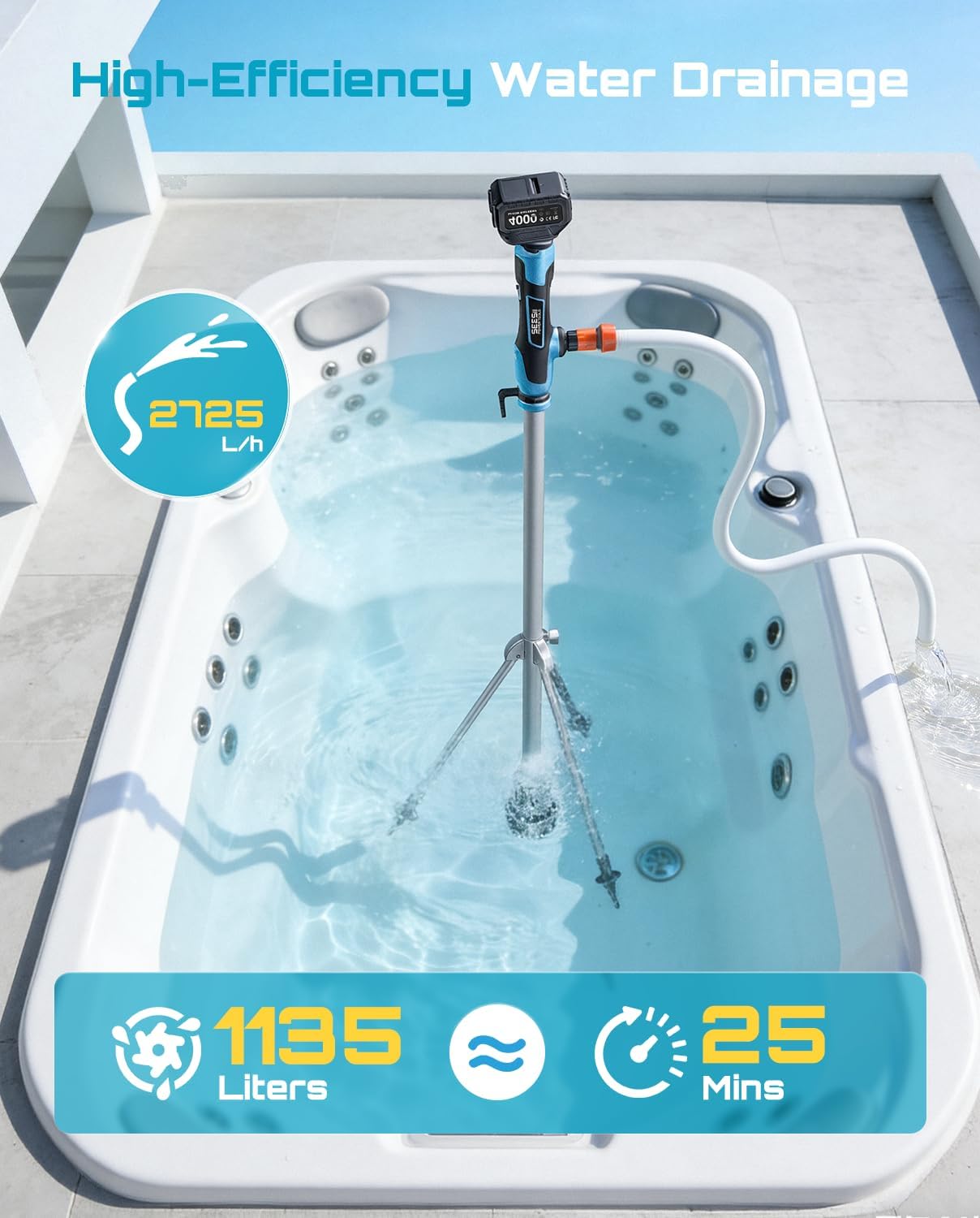 Detalle de SEESII Cordless Stick Water Transfer Pump with Tripod Stand – 2725 L/h, 10m Lift, 2x 4.0Ah Batteries