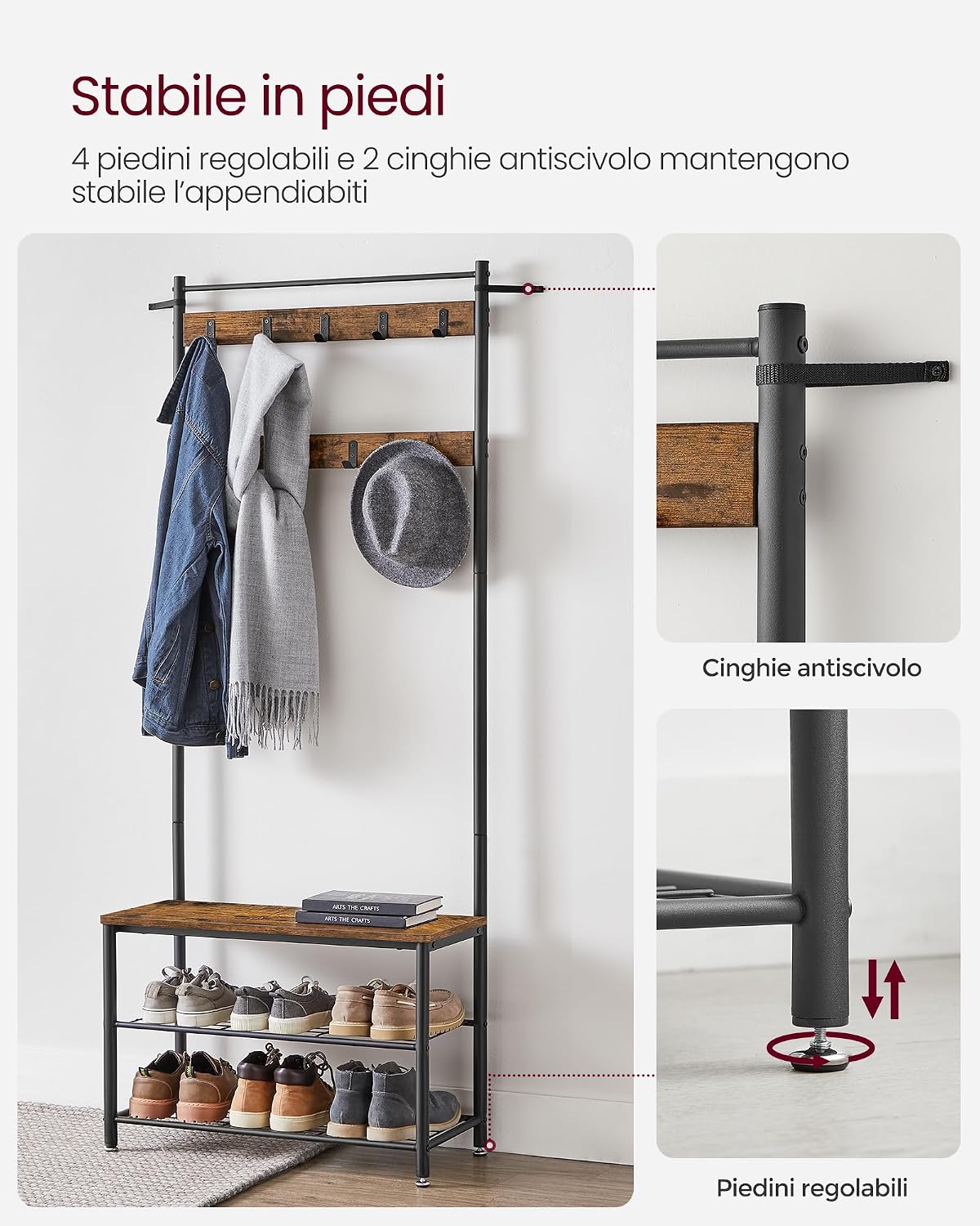 Detalle de VASAGLE HSR41BX Appendiabiti da ingresso con panca, scarpiera e 9 ganci, stile industriale