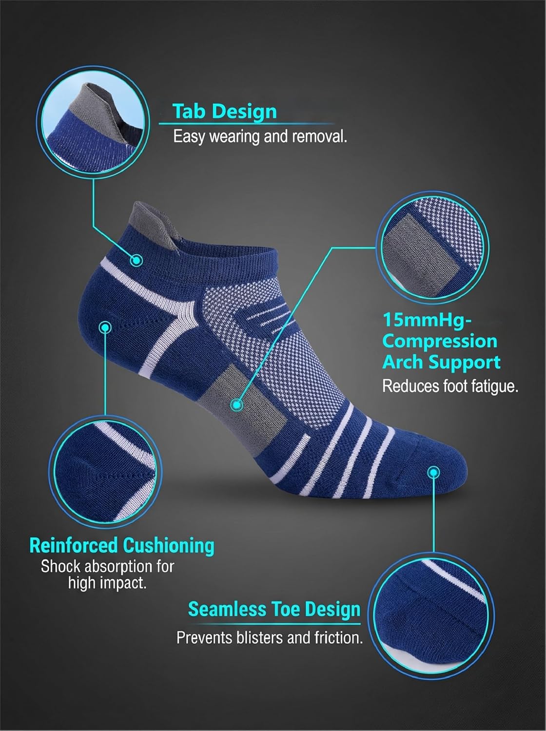 Thumbnail 4 de Kodal Copper Cushioned Athletic Ankle Socks (5 Pairs) – Low Cut Training Socks with Arch Compression