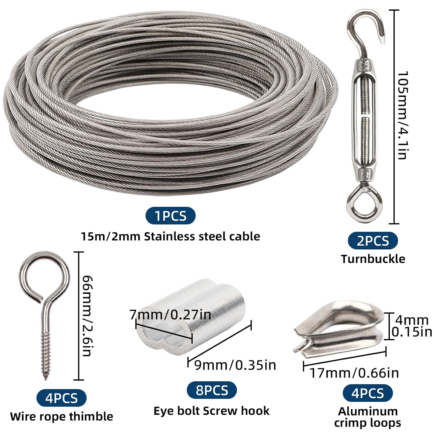 Detalle de AMZSKU staalkabel van 15 m, 2 mm, met M5-kabelspanner