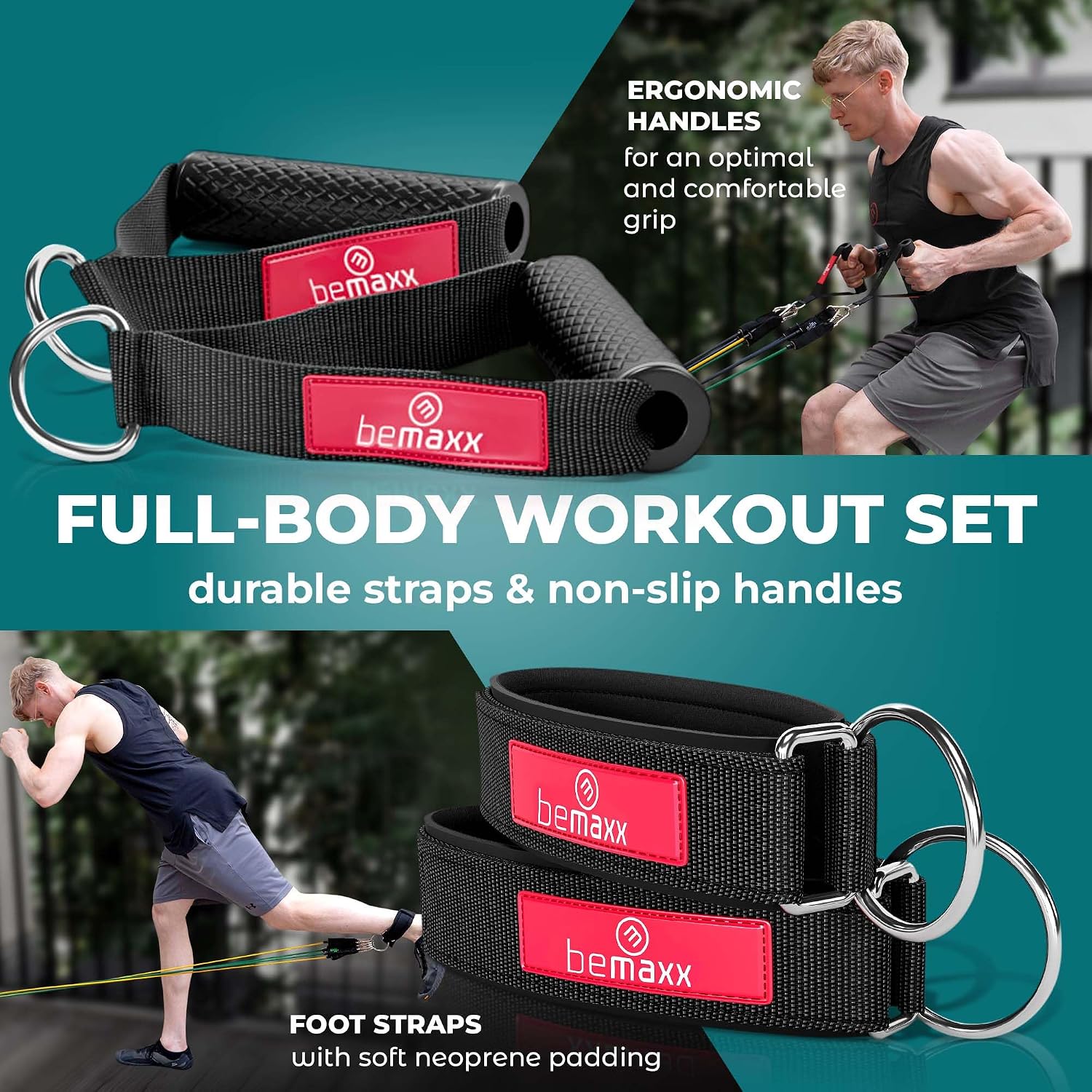 Detalle de Resistance Bands Set with Handles, Door Anchor, Ankle Straps + Exercise Ebook (5 Long Latex Tubes)